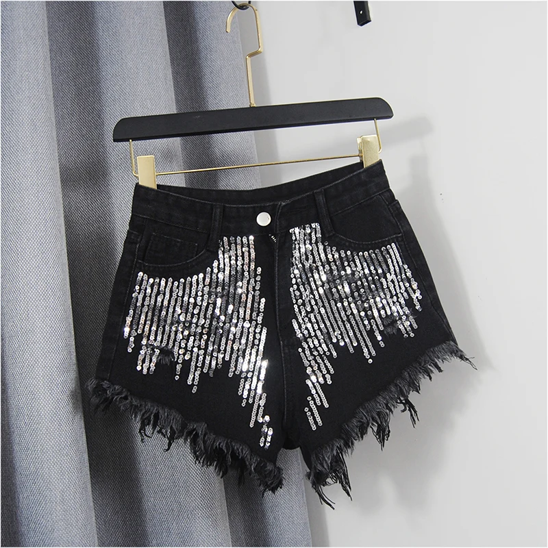 High Waisted Denim Short For Women's Spring Summer New Fashion sequin Raw Edge A-line Shorts Club Party Tassels Hot Pants