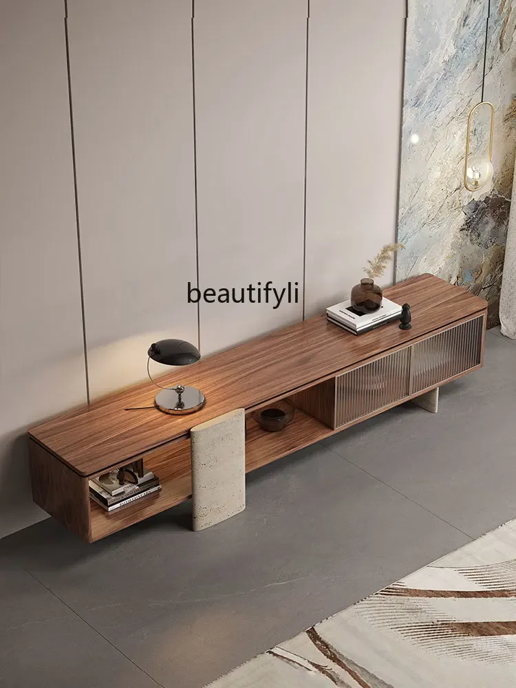 

yj5 Italian minimalist walnut TV cabinet high light luxury marble TV cabinet living room