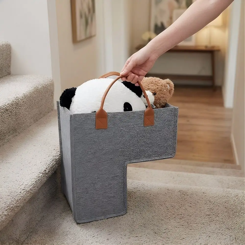 Large Capacity L Shaped Felt Basket Folding Space Saving Ladder Basket with Handles Washable Stair Steps Clothes Basket for Home