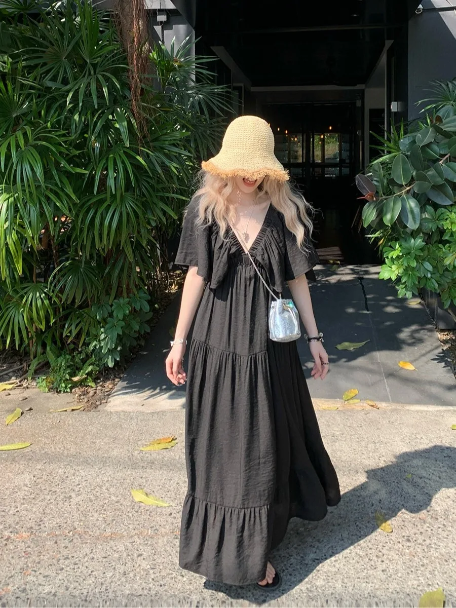 

plus Size Women's Bla V-Ne ort Sve Dr Summer New Waist-Cinching Ele Long Skirt Korean Sle Commute Wind