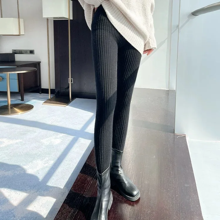 Neue Herbst Winter Frauen Hohe Taille Casual Wolle Koreanische Hosen Rippen Verdicken Elastizität Ankle-länge Hosen Gestrickte Leggings