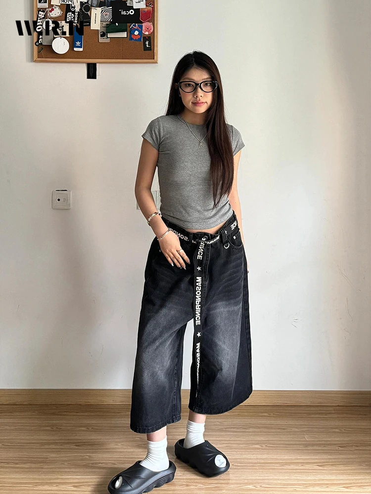 2024 Summer women's Casual Style Harajuku Mid Long Jeans pantaloni lavati larghi estetici Vintage Y2K pantaloncini larghi Punk a gamba larga