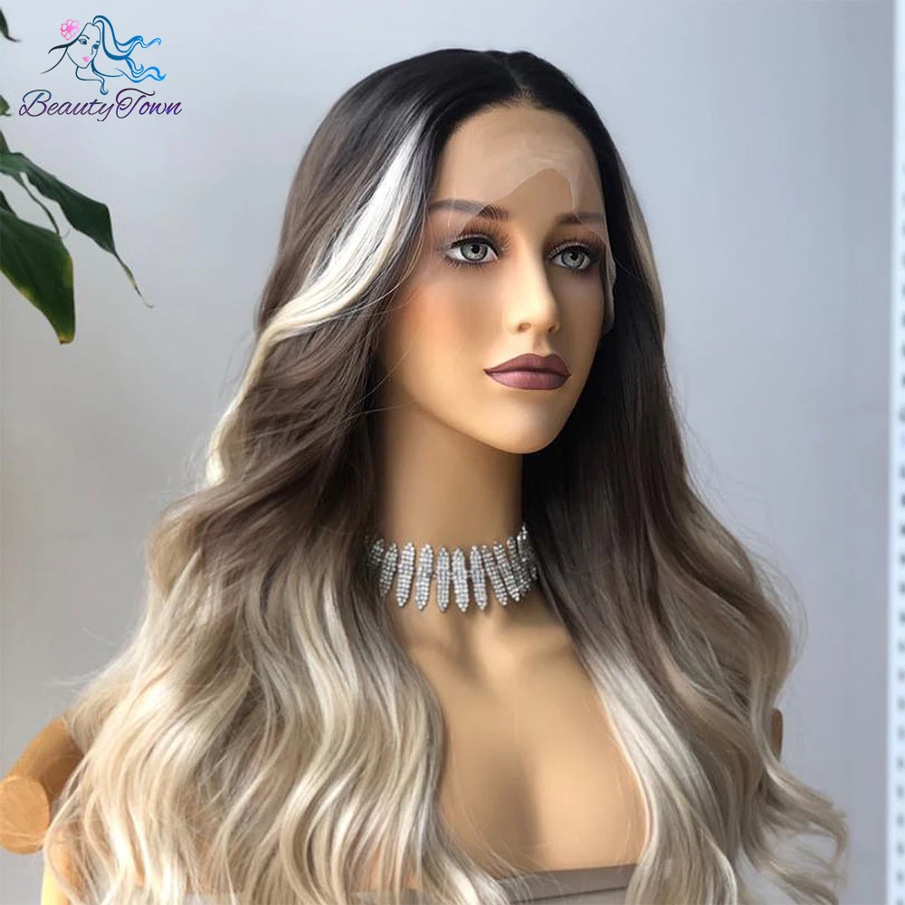 Grey Blonde 13x3 Synthetic Lace Front Wig Ombre Brown Blonde Body Wave Wigs for Women Heat Resistant Cosplay Daily Use Wig 180%