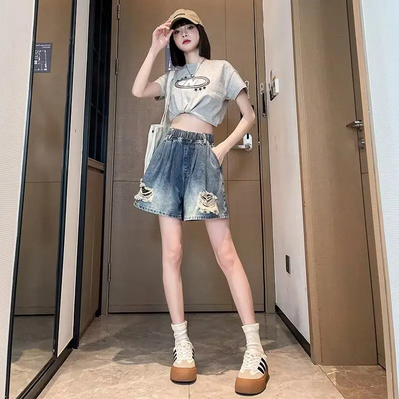 

Рваные джинсовые орты больших размеров, женские свободные широкие брюки для похудения, тонкие джинсы с высокой талией, повседневные удобные джинсы из смеси хлопка