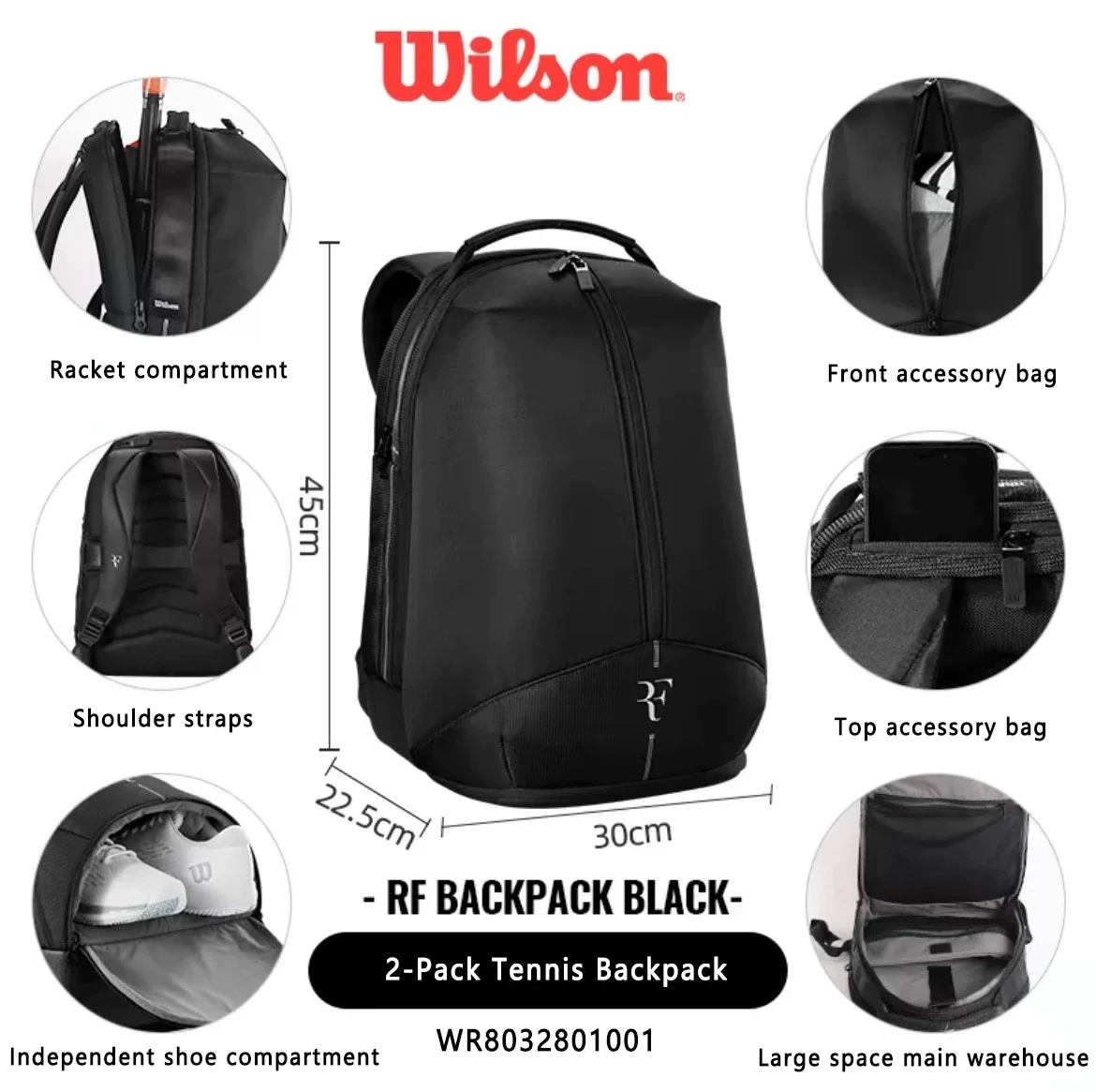 Wilson Federer RF01 Tennis Racket Bag, Stylish New Backpack, Large Capacity Multifunctional Black Backpack