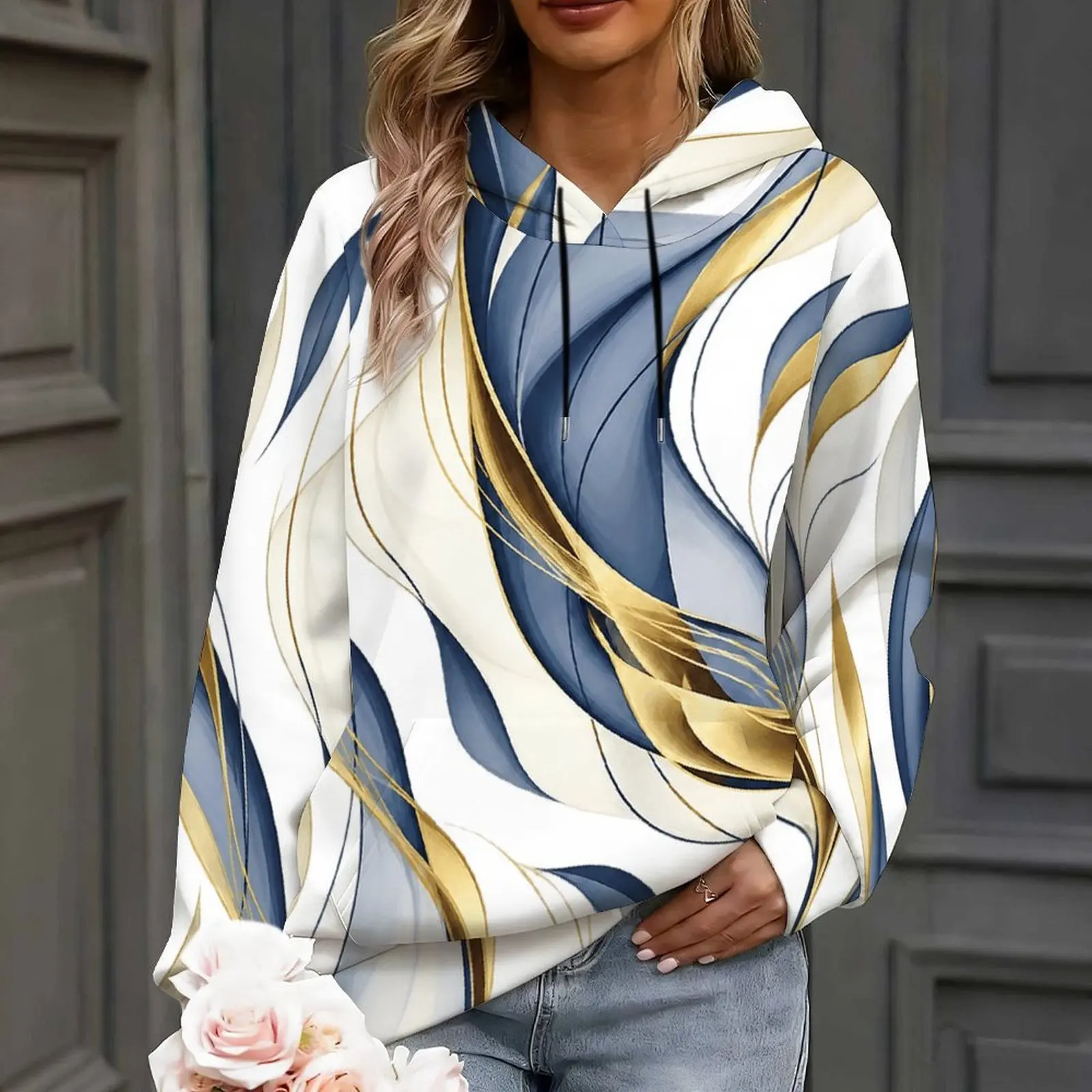 Women Watercolor Abstract Print Long Sleeve Drawstring Pullover Hoodie with Kangaroo Pocket