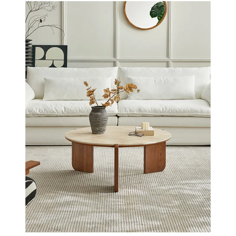 Travertine rock slab round coffee table, small apartment designer, small tea table