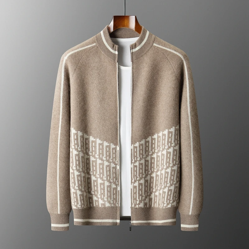 Autumn Winter New Thickened 100% Cashmere Sweater Men's Half High Collar Zipper cardigan Casual Jacquard Knitted Jacket Warmth