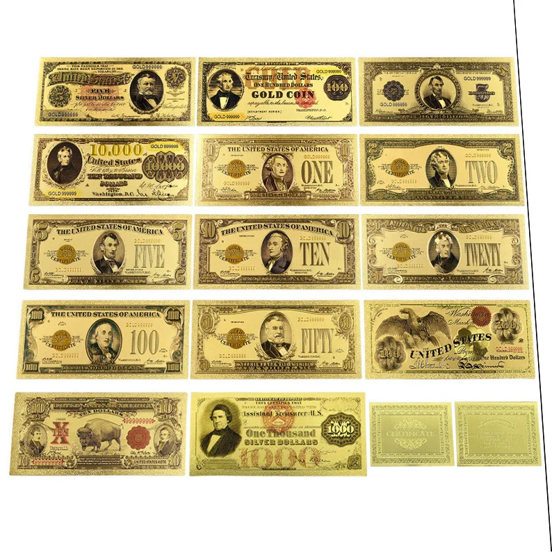 

USA Gold Foil Banknotes 1-10000 Dollars Commemorative Notes Fake Paper Plastic Banknotes 14styles USD Bill for Home Decoration