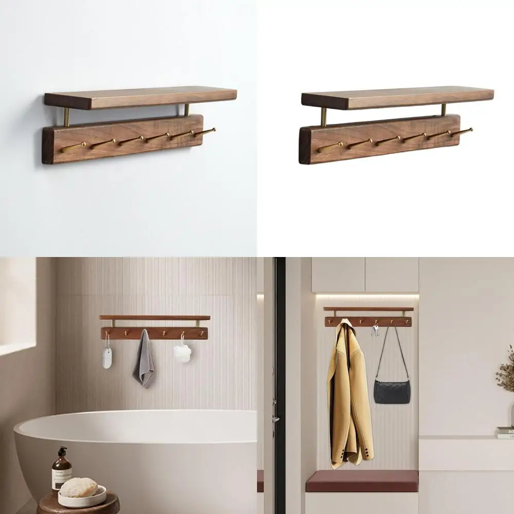 

Walnut Wall-Mounted 19 Solid Wood Shelf with 6 Brass Hooks for Entryway, Living Room, Bathroom, and Bedroom