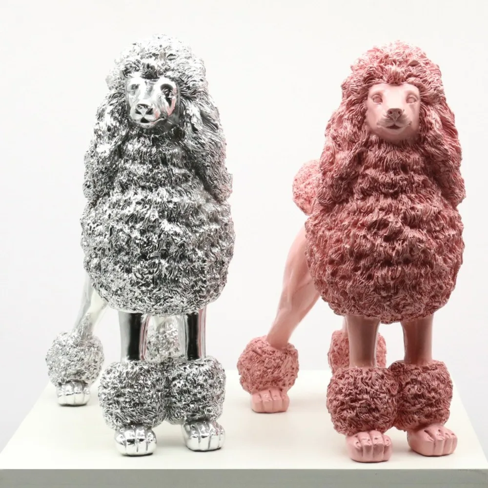 Resin Poodle Figurines Living Room Modern Ornament Simulated Creative Pink Miniatures Portable Home Decoration Interior
