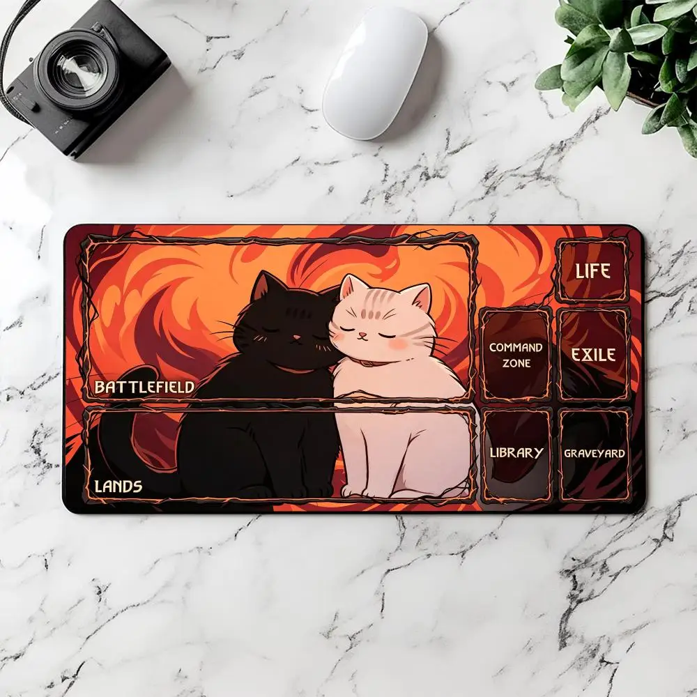TCG Playmat Cuddling Couple Cats MTG Zoned Flame Background Cute Cartoon Battlefield Library Graveyard Premium Rubber Large Desk