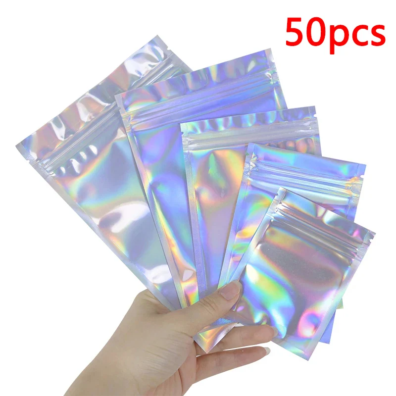 50pcs Iridescent Zip Lock Bags Pouches Cosmetic Plastic Laser Bag Holographic Makeup Storage Bag Ziplock Bags Gift Packaging