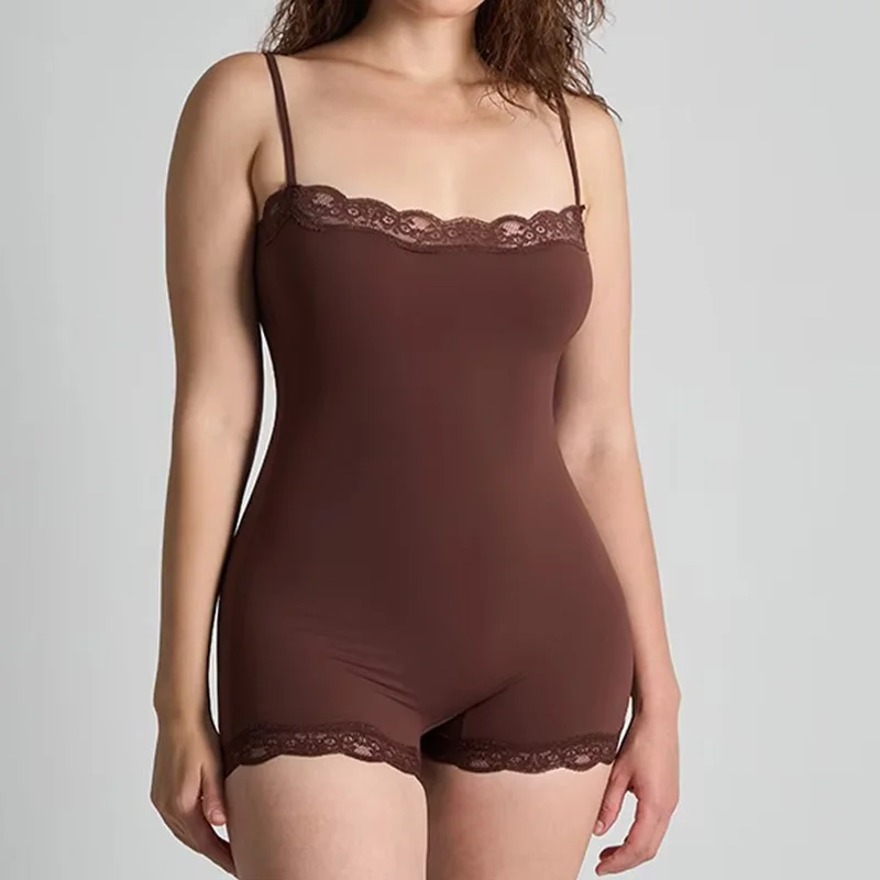 

Guudia Short Lace Bodysuit Spaghetti Strap Jumpsuit Square Neck Short Romper Cami Bodysuit One Piece Lace Trim Shapewear