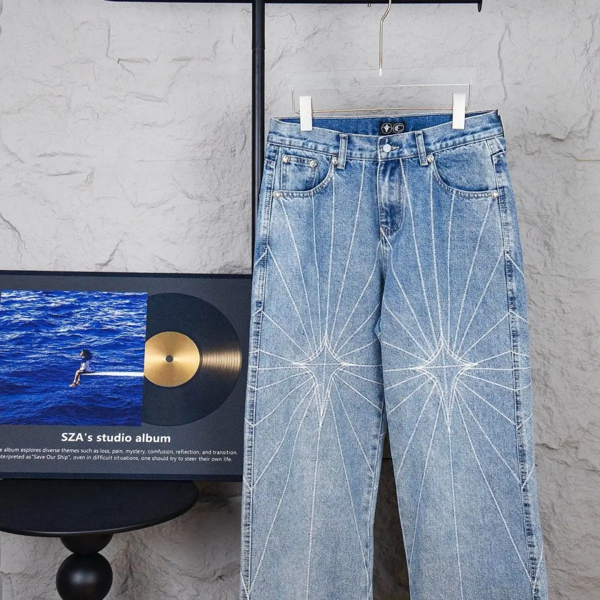 

Women's Jeans High Waist One Side Plaid Shape Diamonds Wide Leg Denim Pants 2026 New Classic Straight Trousers