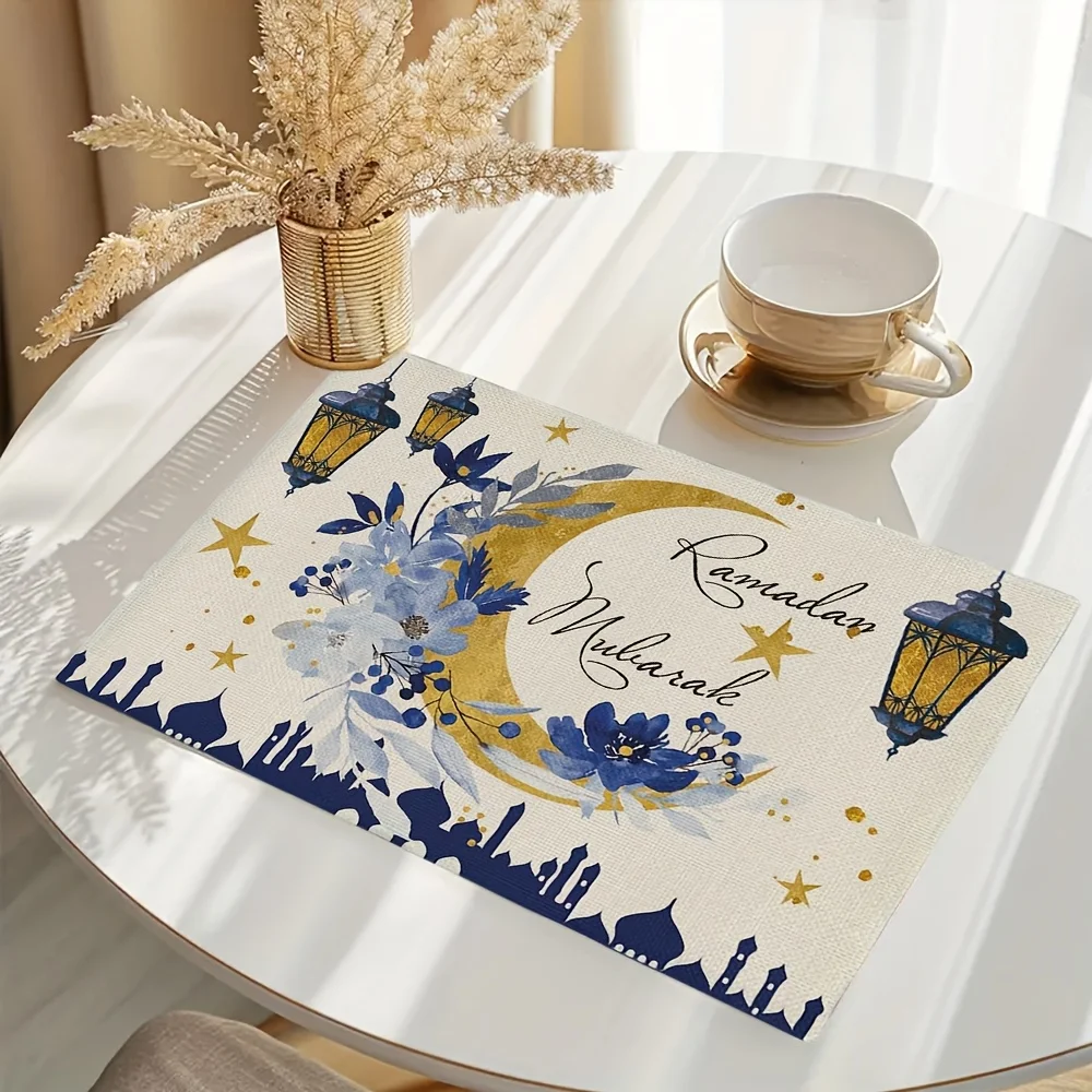 Ramadan Mubarak Linen Placemats Party Decor Blue Golden Moon Lantern Flowers Print Eid Al-Fitr Table Mats Ramadan Decorations