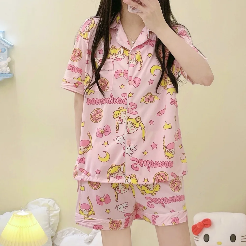 Sailor Moon Woman Anime Cute Pajama Set Girl Cartoon Printed Homewear Adult Kawaii Fashion Loungewear Summer Casual Pijamas Gift