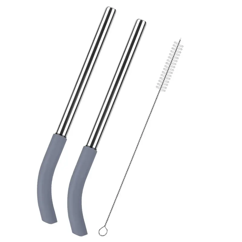 M12K-Replacement Metal Straws In 2 Pieces For Ninja Blendboss, Reusable Stainless Steel Straw With Cleaning Brush Gray