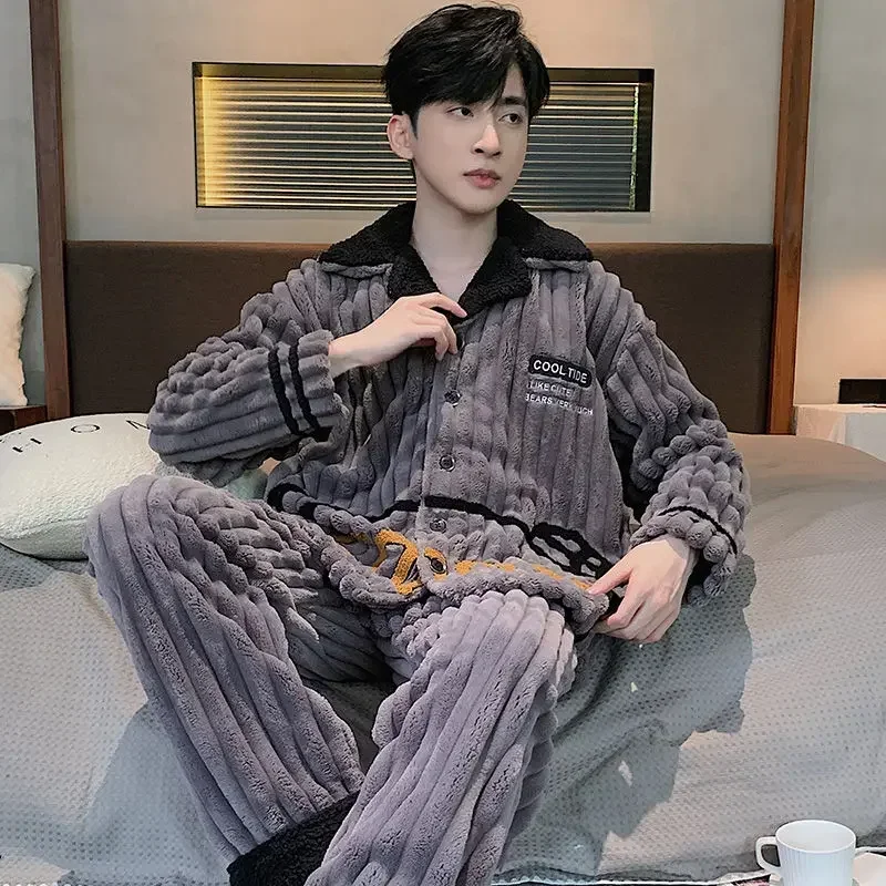 2024 New Coral Velvet Pajamas Men Autumn Winter Loungewear Thicken Velvet Sleepwear Flannel Nightwear Large Size Homewear Suit