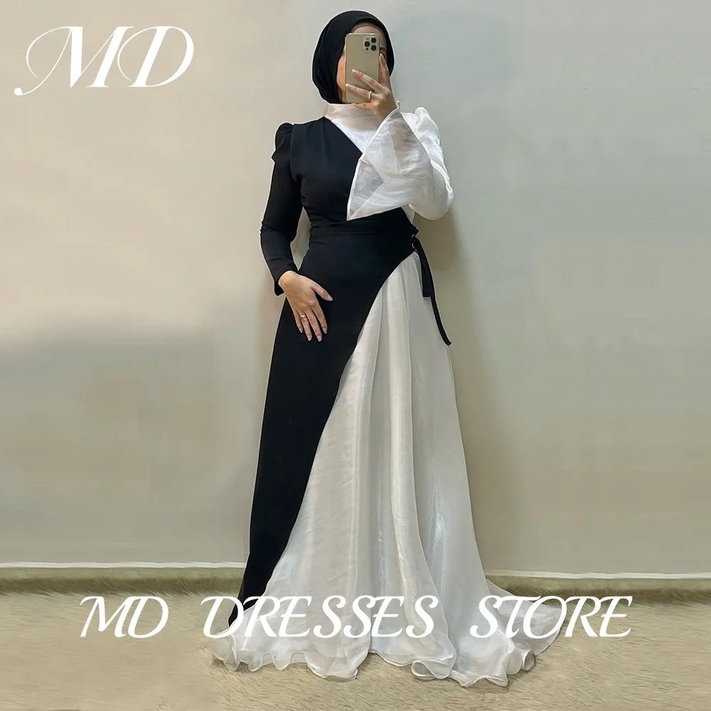 

MD Elegant Black White Satin A-line Formal Evening Dresses Dubai Arabic Women Muslim High Neck Long Sleeve Customized 2025