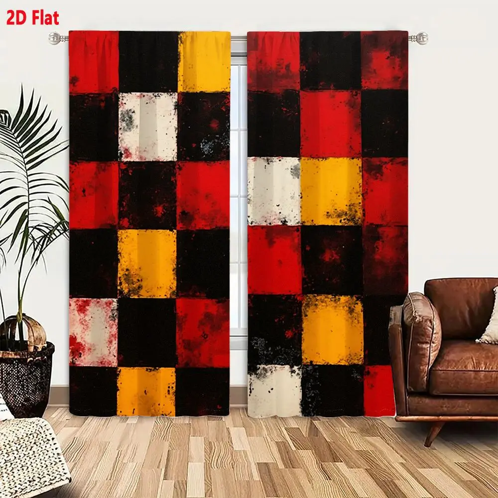 2Pcs Curtains 2D Flat Abstract Vintage Checkered Artwork 5×5 6×6 Grid Distressed Color Blocks Red Black Yellow White Textured Ag
