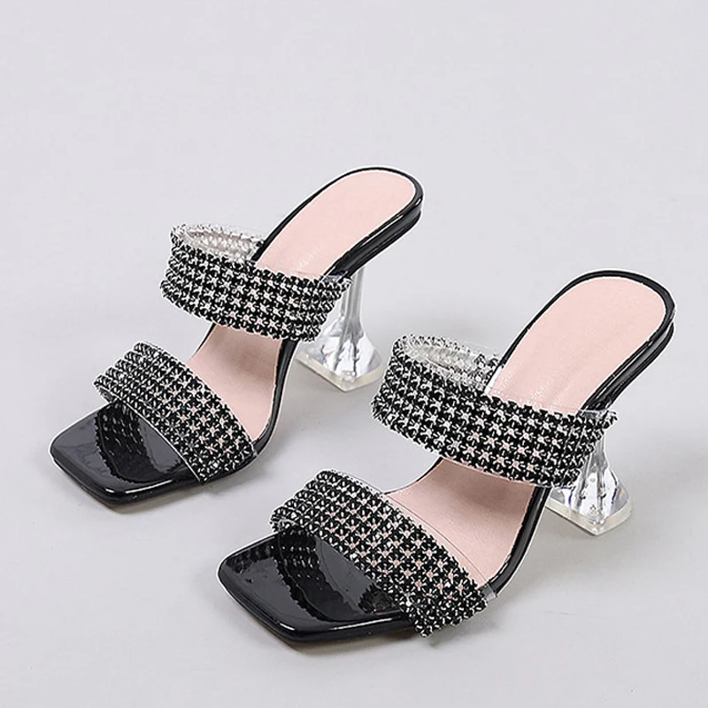 Liyke Sexy Green Rhinestone Women\'s Clear High Heels Slippers Summer Party Dress Shoes Female Crystal PVC Transparent Sandals