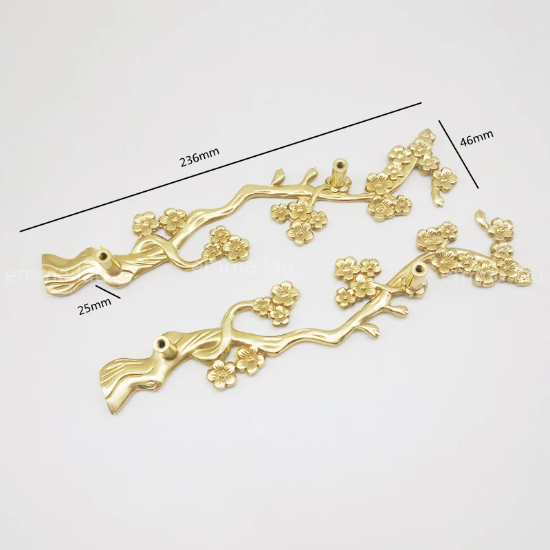 235mm Super Length Brass Plum Blossom Handmade Cabinet Door Handle Pure Copper Retro Wardrobe Knob Handles Furniture Pulls Diy