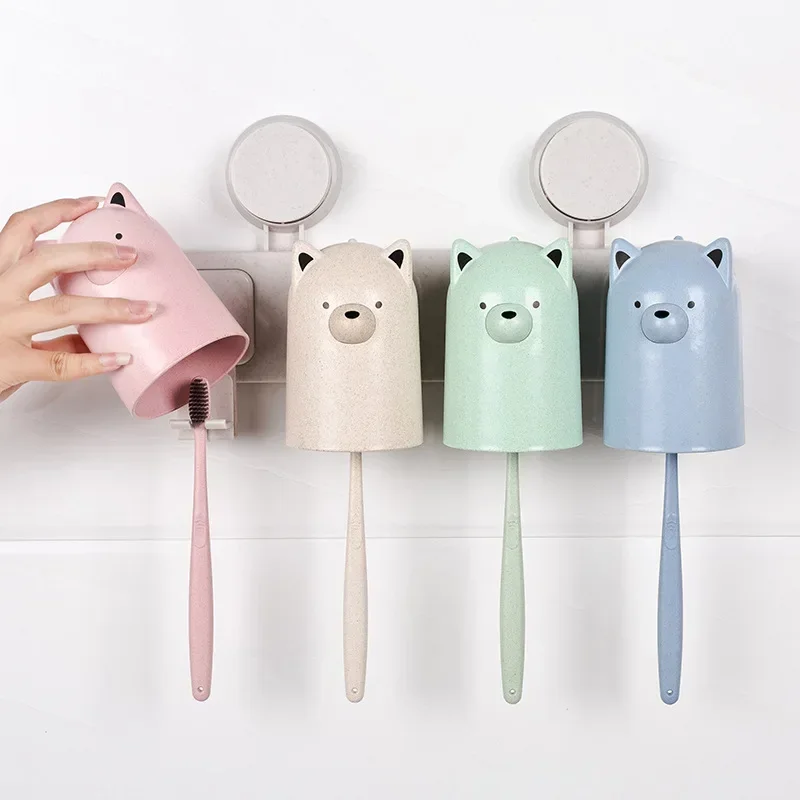 Popular Environmental Protection Natural Wheat Straw Toothbrush Rack Cartoon Bear with Four Cups of toothbrush holder