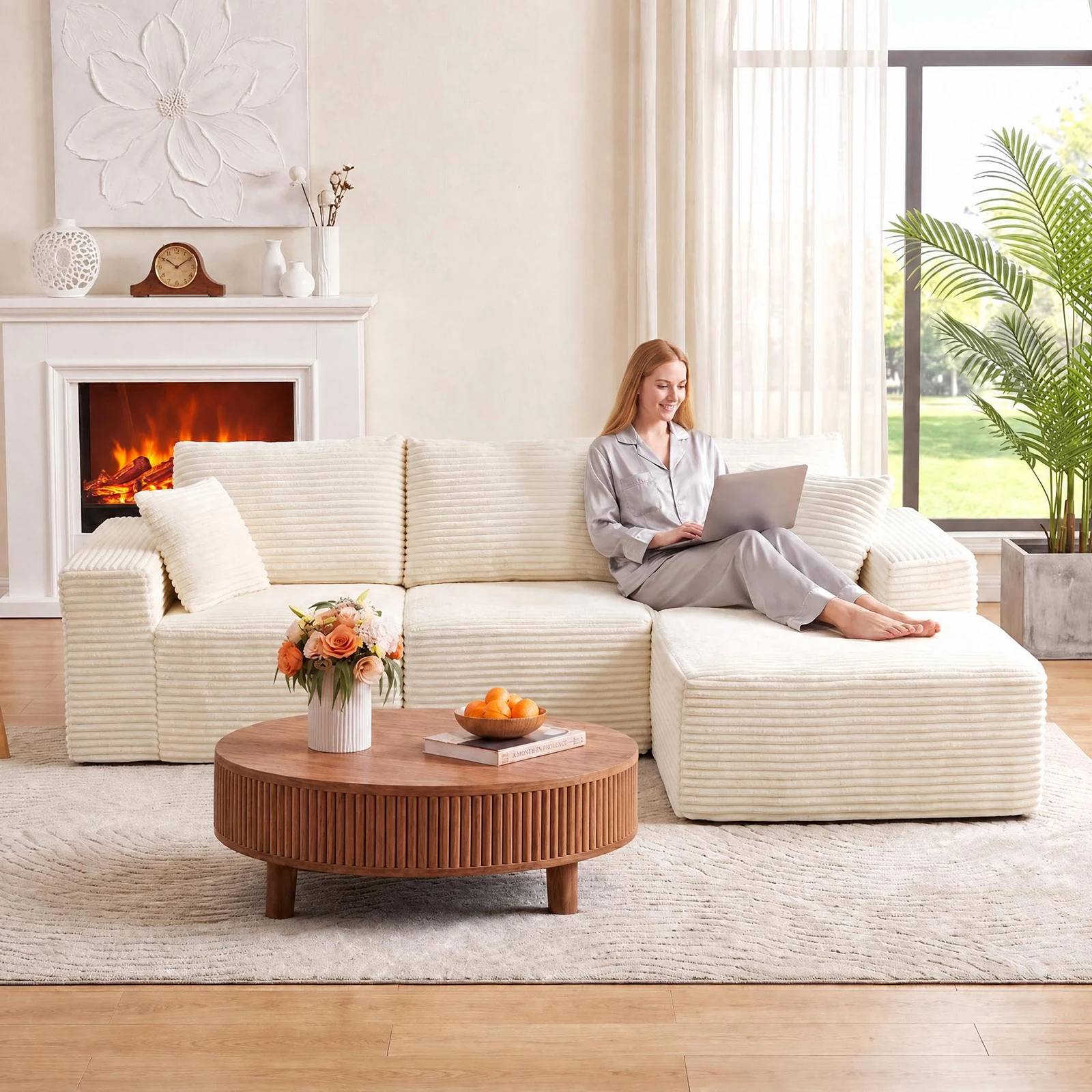 Cloud Couch 3-Piece L Shape Sectional Sofa, Corduroy Modular Set With Chaise, Middle & Side Seat, D30 Foam, Soft Deep Seat Living Room