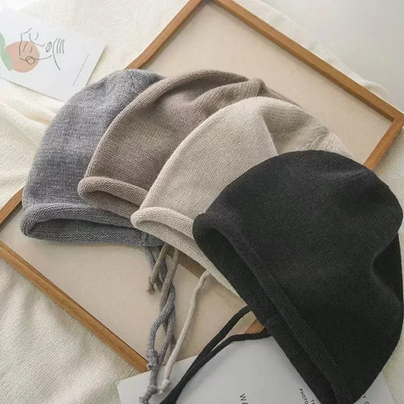 Fashion Drawstring Baggy Slouchy Beanie for Women Autumn Winter Ear Warm Skullies Cap Solid Color Bonnet Girl Kintted Woolen Hat