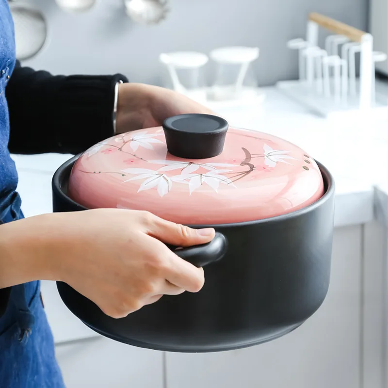 Hand Painted Heat Resistant Ceramic Casserole Shallow Soup Pot for Gas Stove Hotel Use Durable Cookware