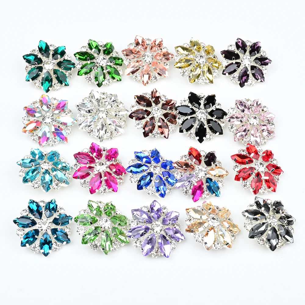 Decorative Flower Rhinestone Shank Button 28mm Multiple Colors Blue Pink Red Green Glass Crystal for Clothing Coat Jacket