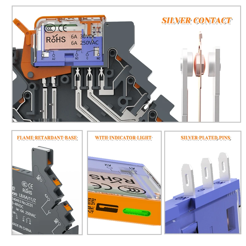 LANBOO J6A Ultra-thin Slim Relay DIN Mount 6A 1NO1NC Relay 12V 24V Micro Intermediate Relay & Base Sold Separ