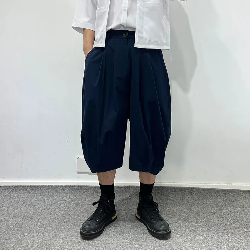High Street Shorts Men's Summer Japanese Style Simple and Loose Silhouette No Perm Six Quarter Dark Straight Leg Wide Leg Pants