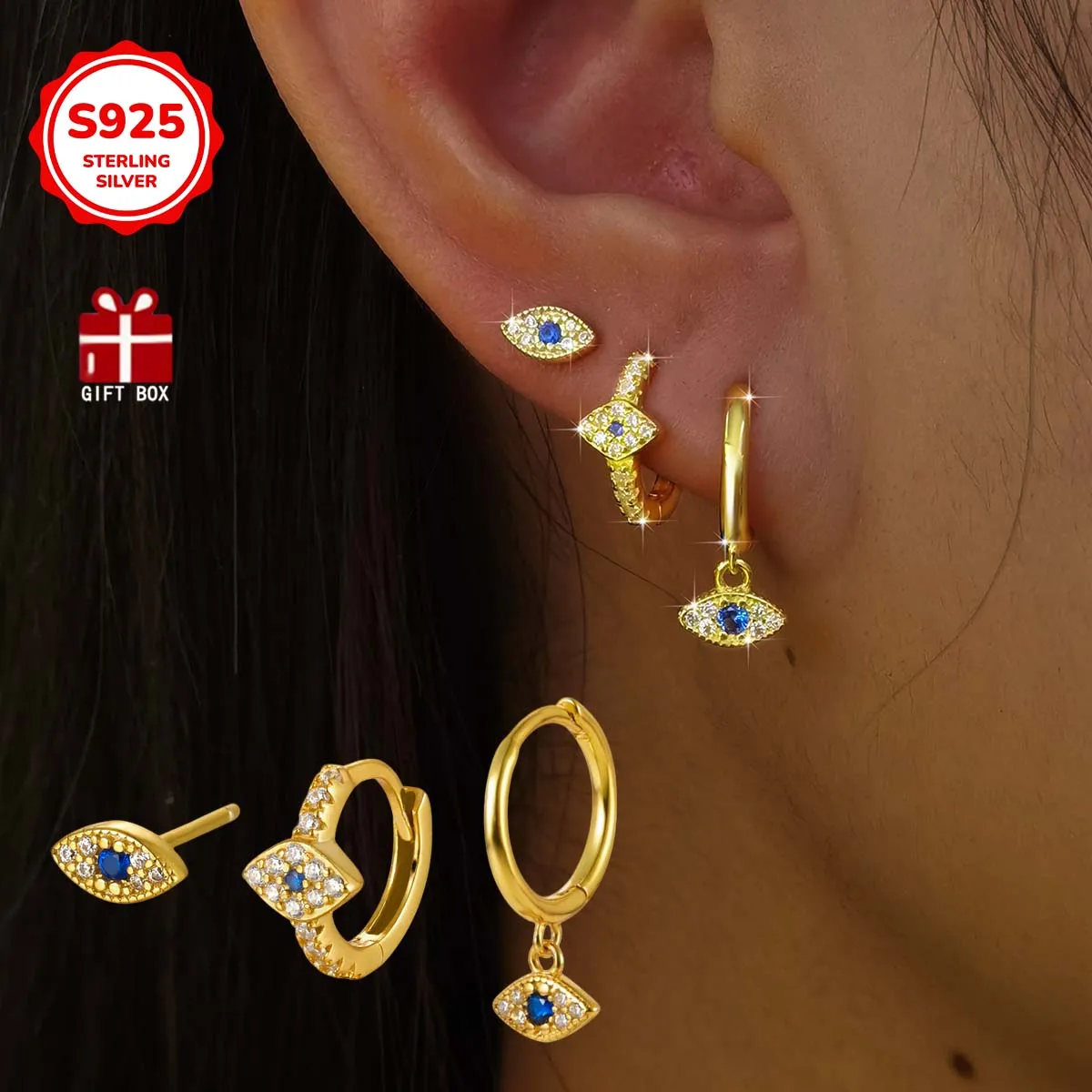 

Серьги Evil Eye из стерлингового серебра S925, 3 шт., гипоаллергенный комплект украшений с синтетическим цирконием, модный и креативный унисекс