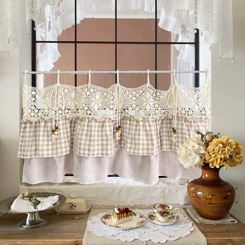 Korean Creative Plaid Ruffled Cafe Curtain For Kitchen Cabinets Bohemian Crochet Hollowed Short Curtain For Homestay Farmhouse