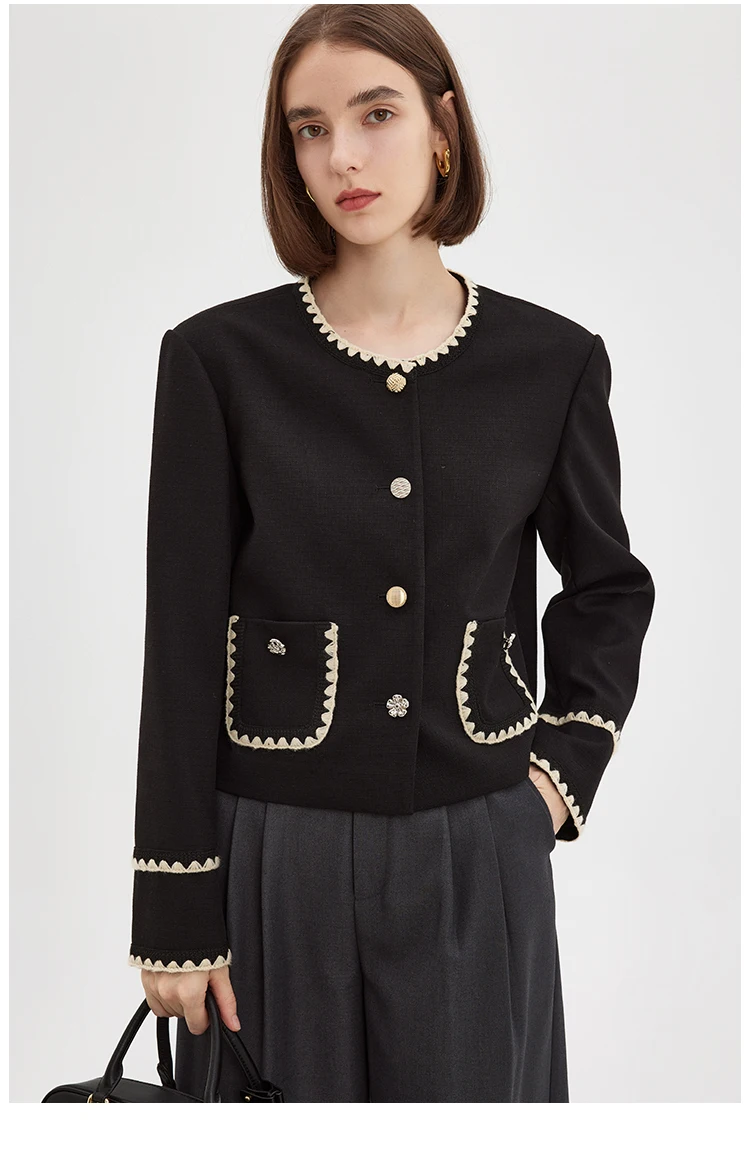 

MOLAN Vintage Contrast Woman Jacket Black Tweed Round Neck Mental Buttons Fashion Short Jacket Female Elegant Outwear