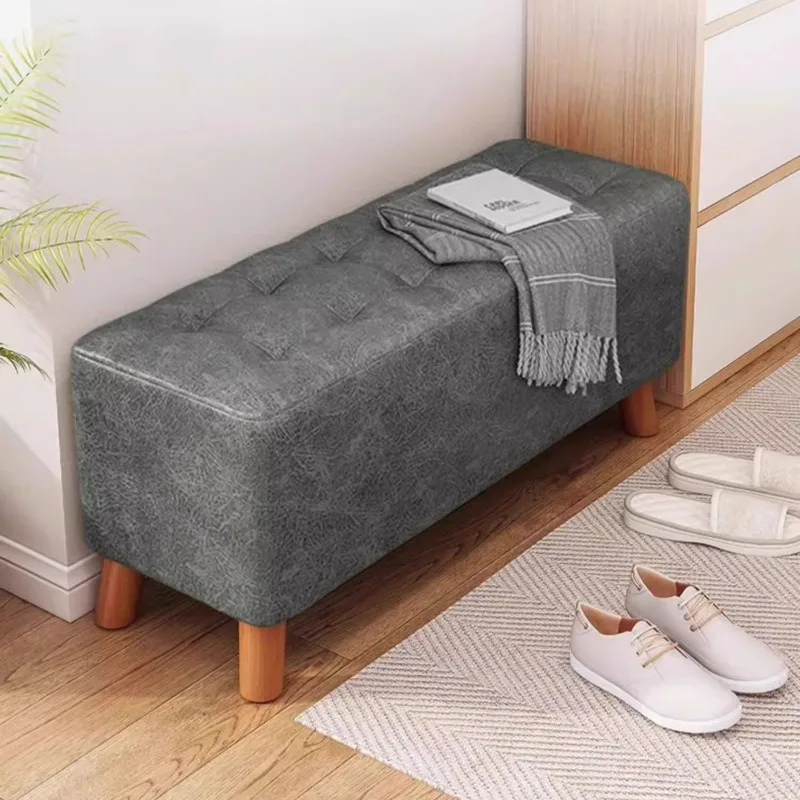 Long Solid Wood Entryway Bench, Tech Fabric Sofa Stool with Soft & High-Resilience Seat, Multi-Functional Hallway Storage