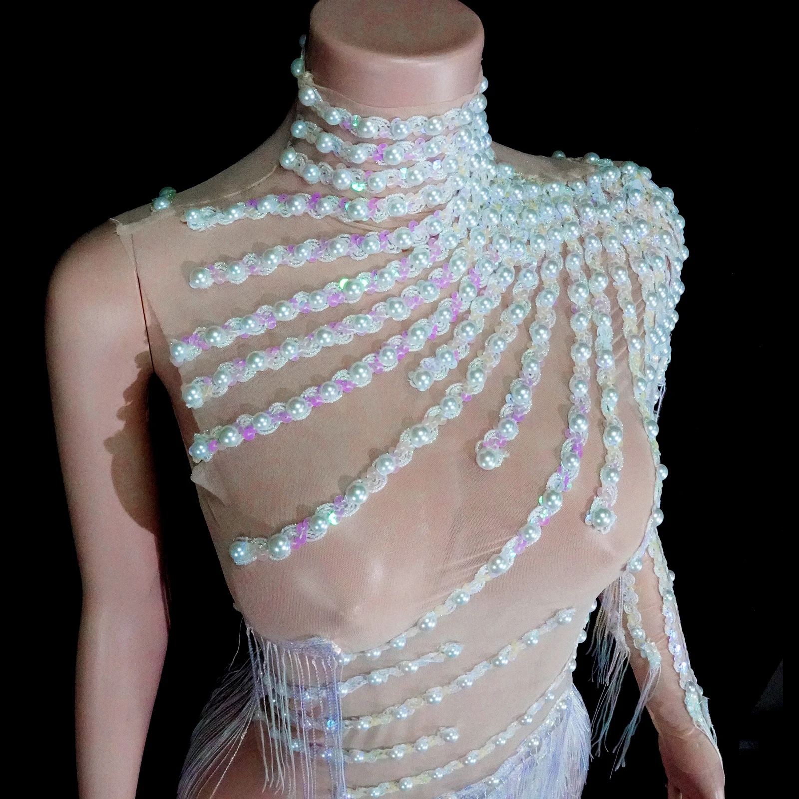 섹시한 태슬 크리스탈 블랙 드레스, 태슬 메쉬 폴댄스 공연 파티 나이트클럽 생일 DJ팀 여성 의상