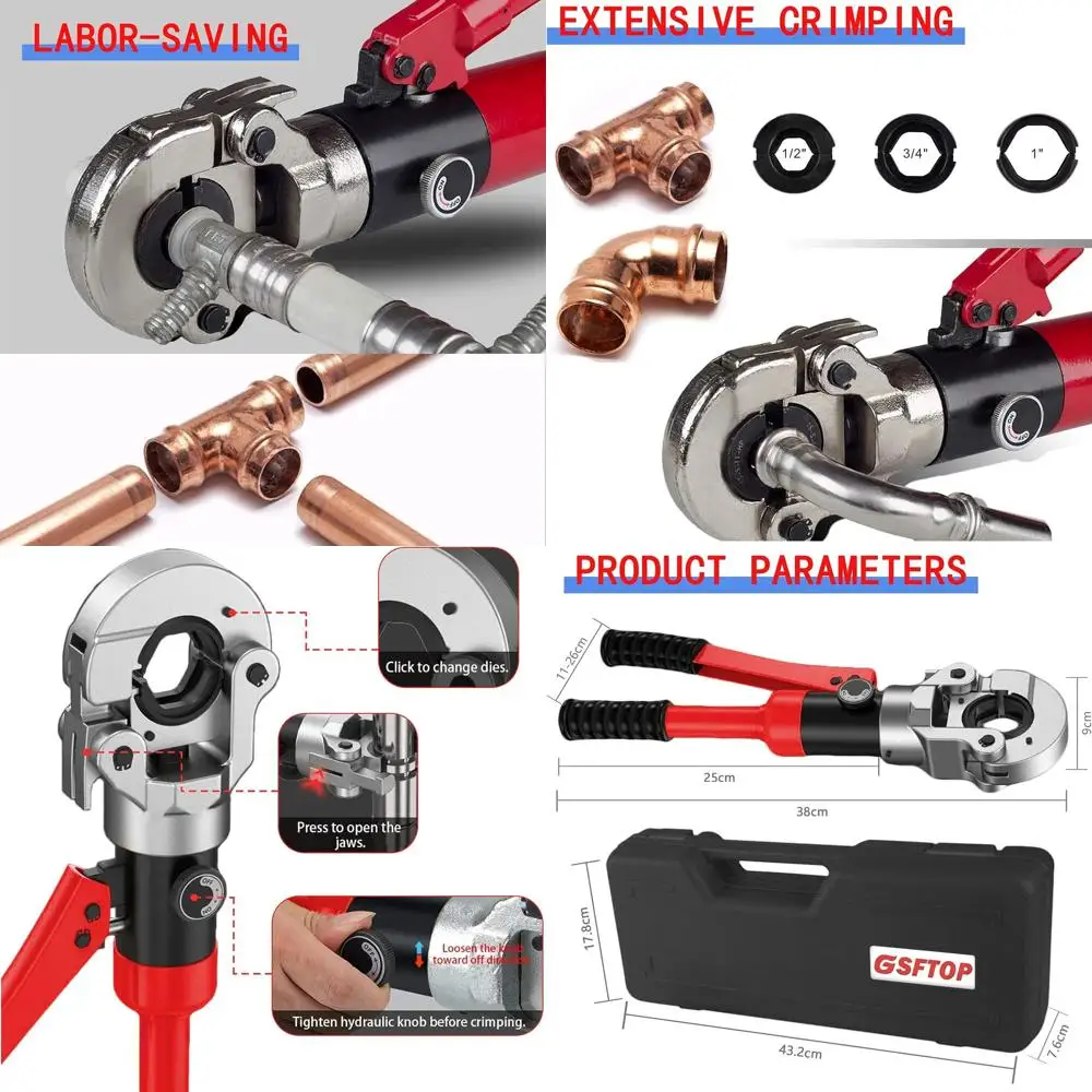 

Copper Tube Crimping Tool Set with Dies for 1/2, 3/4, 1 Pipes - Red