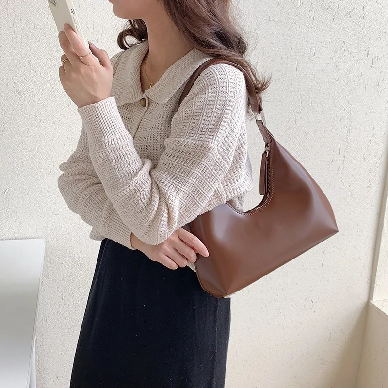 Vintage PU Solid Shoulder Bag for Woman Designer Simple Underarm Women's Handbag Korean Luxury Leather Hobo Female Brown Purse