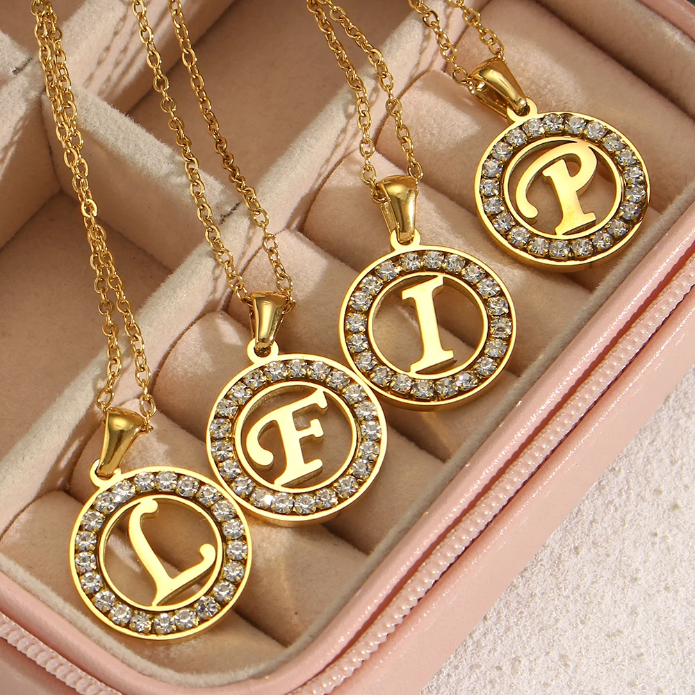 E.B.belle Hollow Round Zircon Paved 26 Alphabet Initial Necklace Ladies Elegant Birthday Gift 18K Gold Plated Letter Necklace