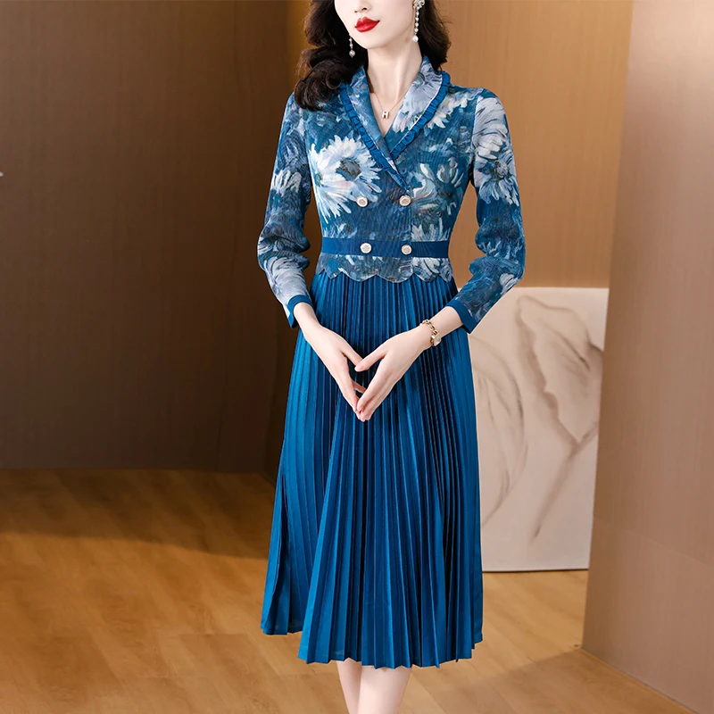 AIMEILI Pleated Dress Women\'s Spring New Fashion Printed Lapel Long-sleeved Single-breasted Belted Cardigan Long Dress