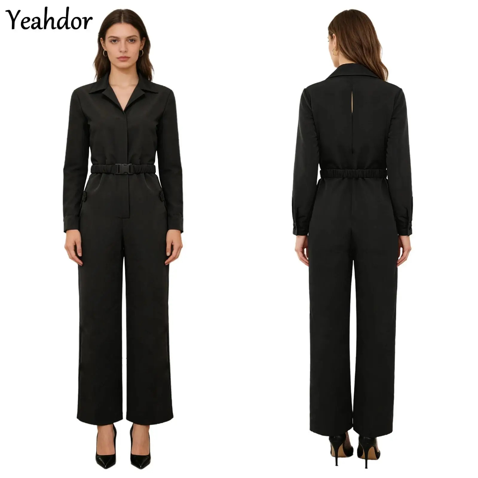 

Womens Coveralls Jumpsuit with Waist Belt Casual Long Sleeve Front Zipper Wide Leg Pants One Piece Elegant Rompers Work Overalls