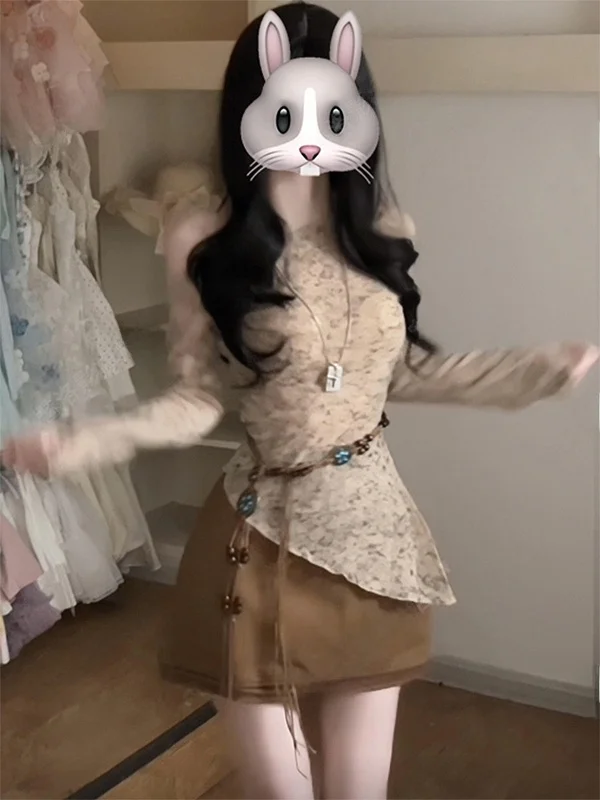 

Korean Style Unique Super Cute Set Asymmetrical Shoulder Top with Pleated Skirt Anti-Aging Elegance Whole Set OOTD Women's Fa...