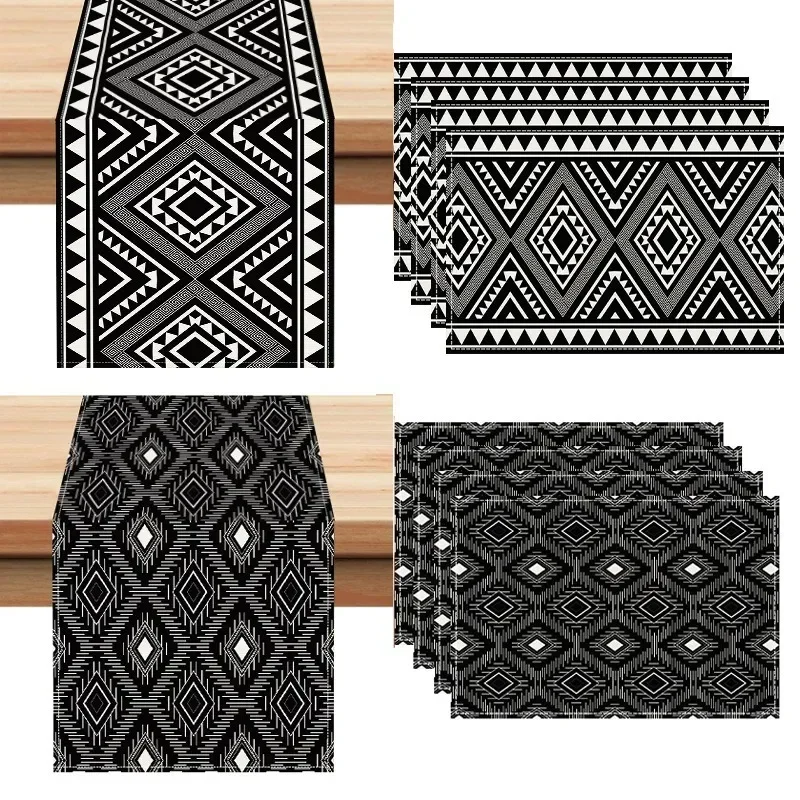 

1 Set of Geometric Linen Table Flag Placemat Combination with Black and White Striped Kitchen and Living Room Tablecloth Mat