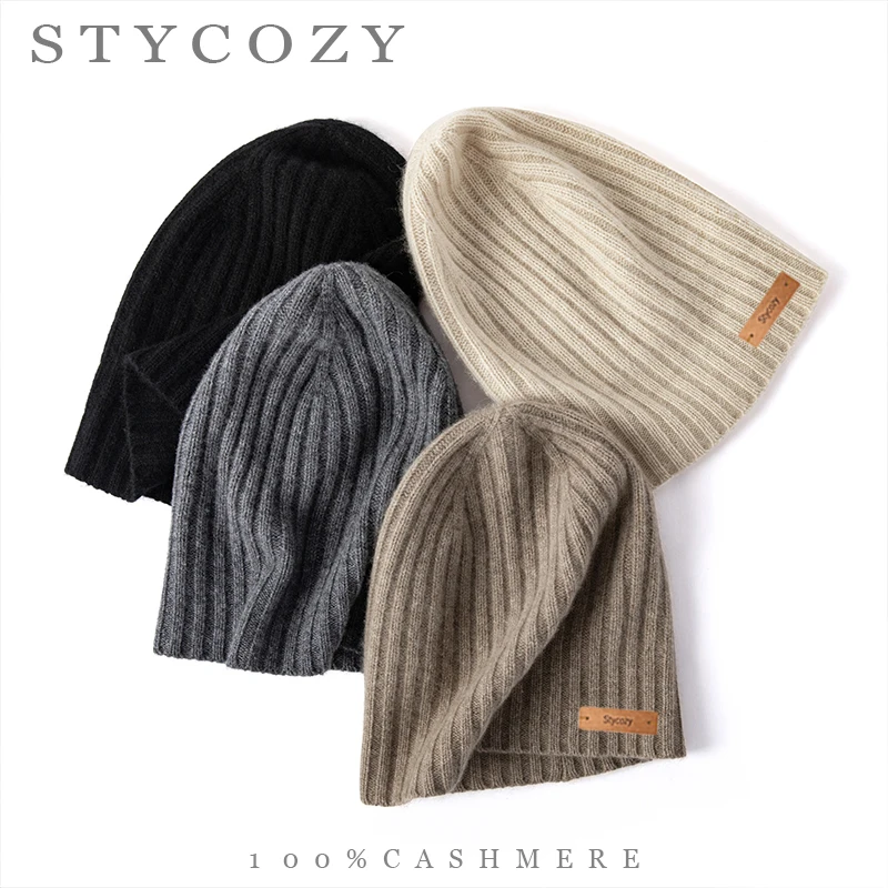 Premium Unisex 100% Cashmere VerticalRibbed Slouchy Beanie, Solid Color Soft Warm Winter Skull Cap for Daily Commute & Shopping