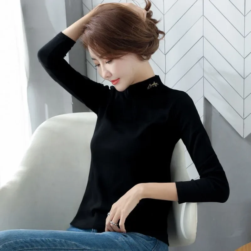 2024 New Half High Collar Pure Cotton Bottomed Shirt Women Autumn Winter Solid Color Top Long Sleeved T-shirt Slimming Trend Tee