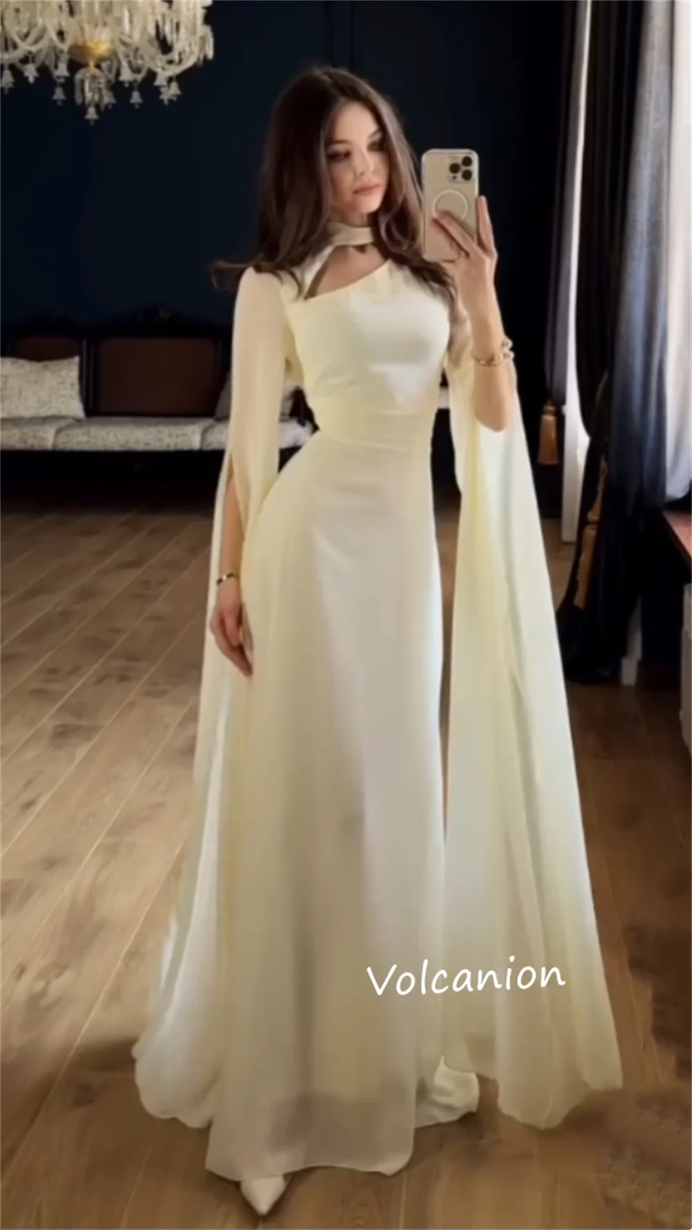 Индивидуальные шифоновые длинные платья трапециевидной формы с рюшами и высоким воротником на заказ, элегантные простые размеры для выпускного вечера, доступны