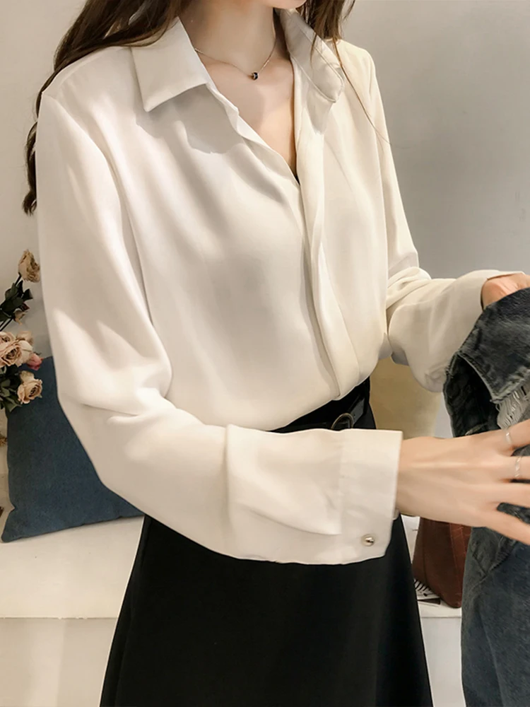 

Professional Commuter White Women's Shirt Spring Summer New Style Chiffon Top Layered Wear Base Layer Shirt Autumn Winter